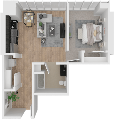 Floor plan for 1 bed, 1 bath, 591 sqft